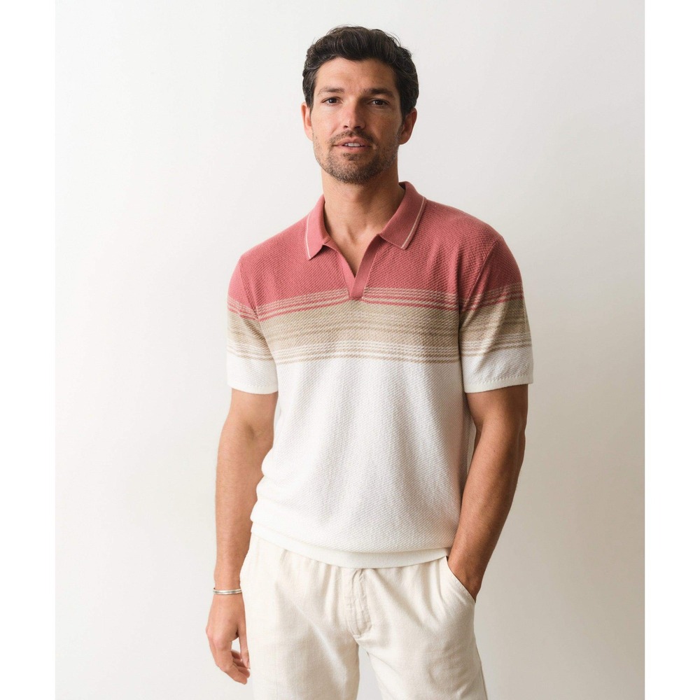 Marine Layer Mens Greyson Striped Polo Sweater Organic Cotton M Breathable Retro